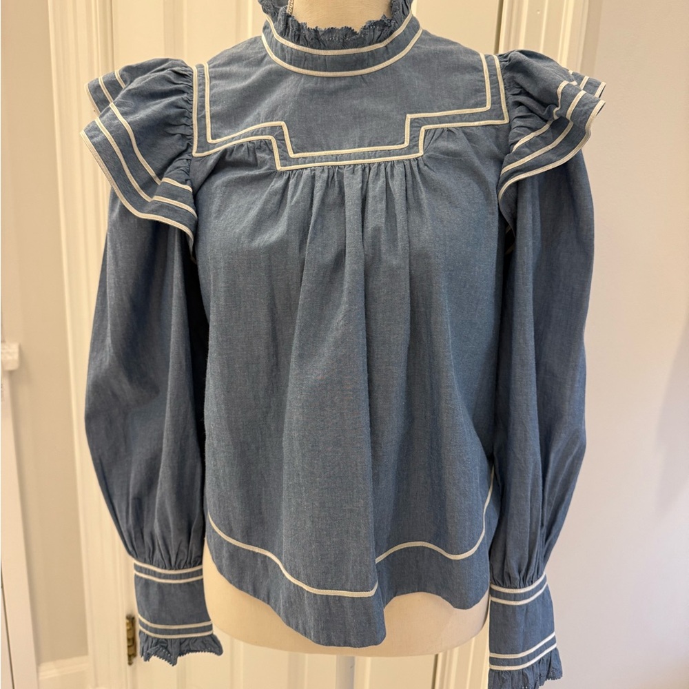 Ulla Johnson Denim Blue Ruffle Blouse